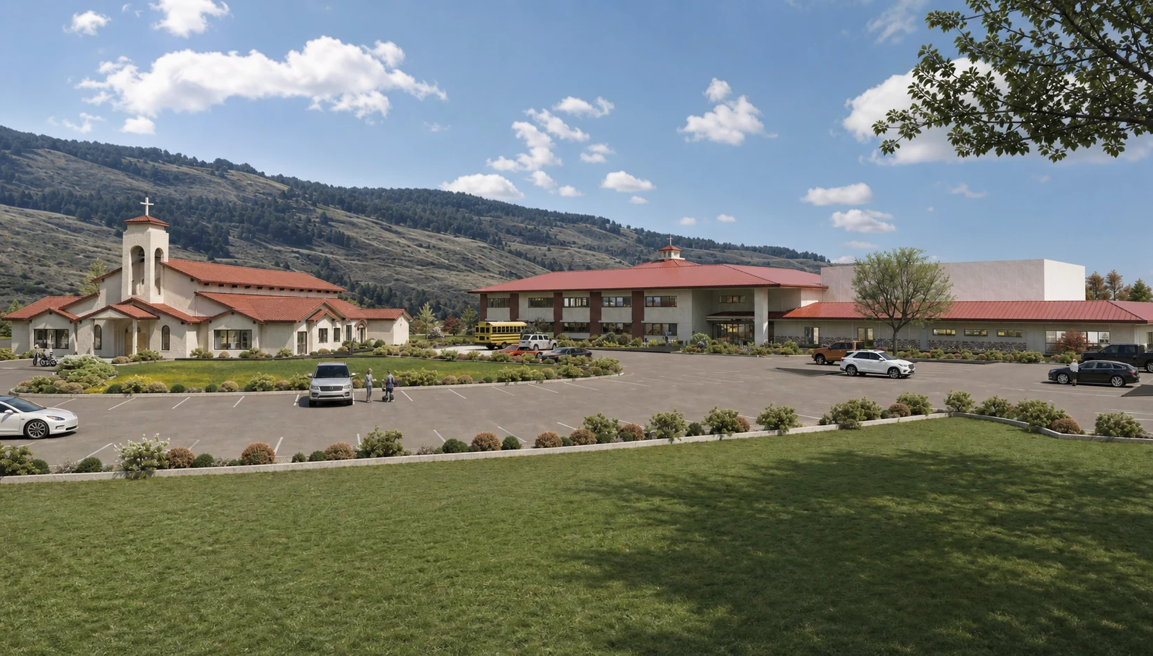 Conceptual view of St. James School beside Our Lady of the Valley Church.