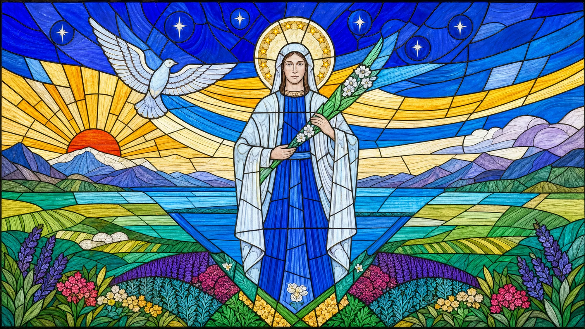 Marian stained-glass artwork with a dove, mountains, water and flowers.